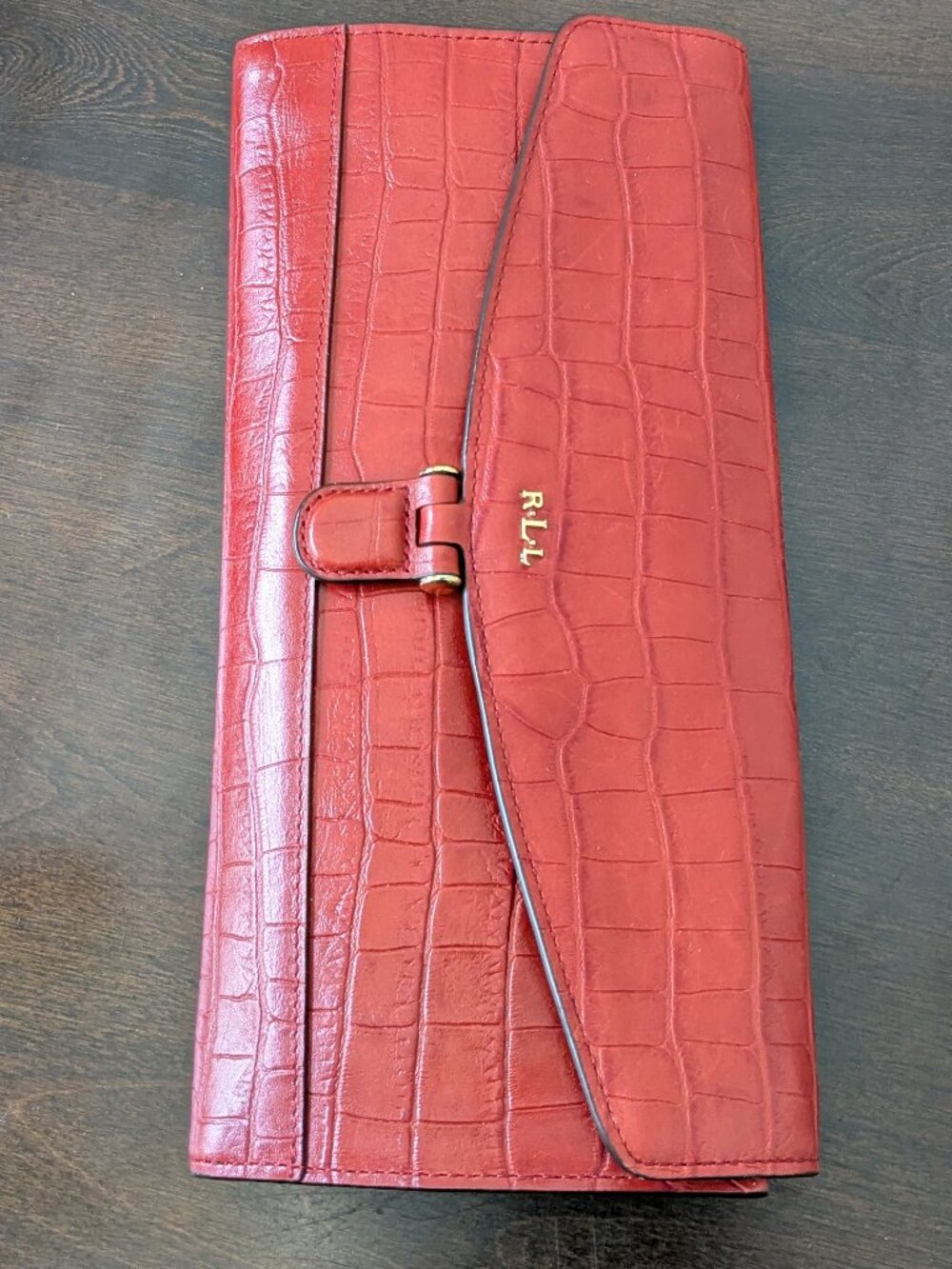 Lauren Ralph Lauren Clutch Pebbled Wallet Handbag Gold RLL Hardware Red .